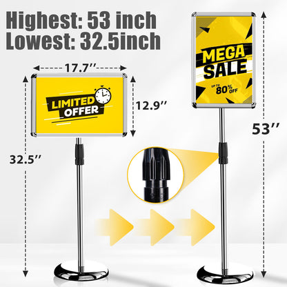 AceShow Adjustable Pedestal Stand Holder, Outdoor Indoor Sign Stand, Floor Display Stand Holder, 11x17 Inch Iron Sign Stand Poster Frame Sign Holder for Vertical and Horizontal View, Silver, Round (1 Pack)