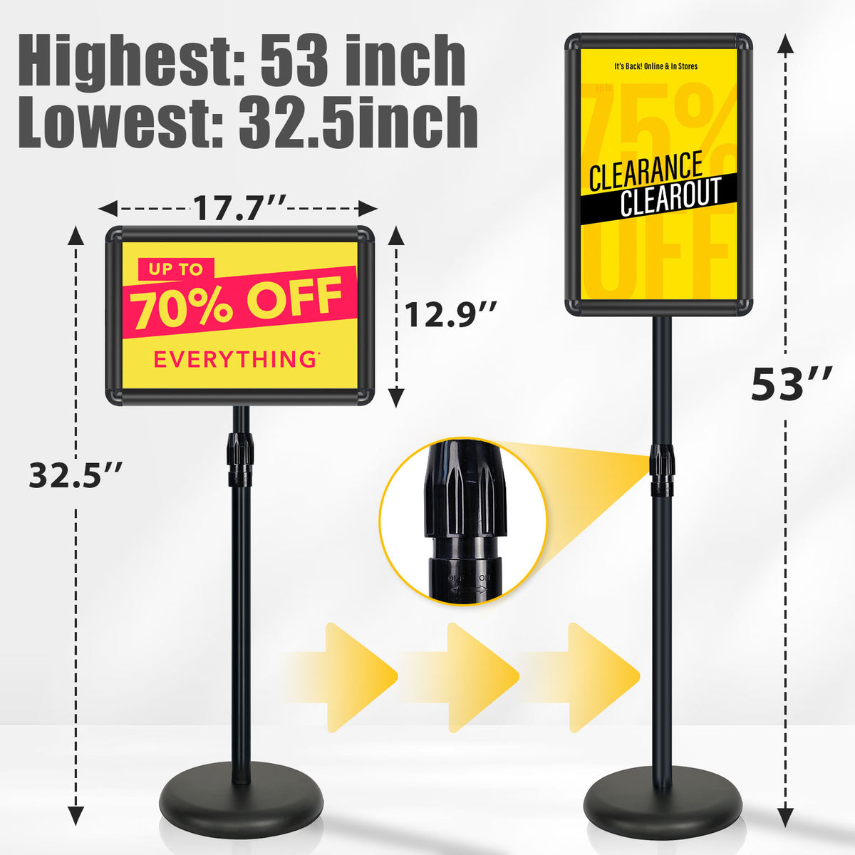 AceShow Adjustable Sign Holder Floor Stand 11x17 inches Iron Pedestal Sign Stand, Vertical and Horizontal View Sign Displayed, Round Corner sign holder for Church School Parties, Black, Round (1 Pack)