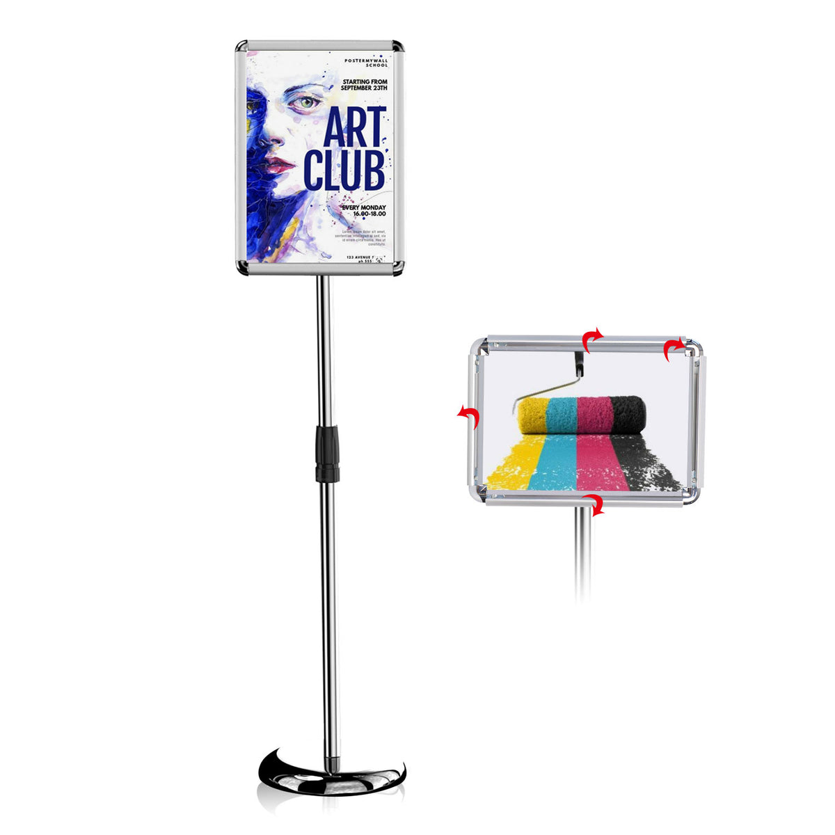 AceShow Adjustable Pedestal Stand Holder, Outdoor Indoor Sign Stand, Floor Display Stand Holder, 11x17 Inch Iron Sign Stand Poster Frame Sign Holder for Vertical and Horizontal View, Silver, Round (1 Pack)