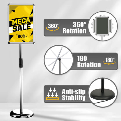 AceShow Adjustable Pedestal Stand Holder, Outdoor Indoor Sign Stand, Floor Display Stand Holder, 11x17 Inch Iron Sign Stand Poster Frame Sign Holder for Vertical and Horizontal View, Silver, Round (1 Pack)