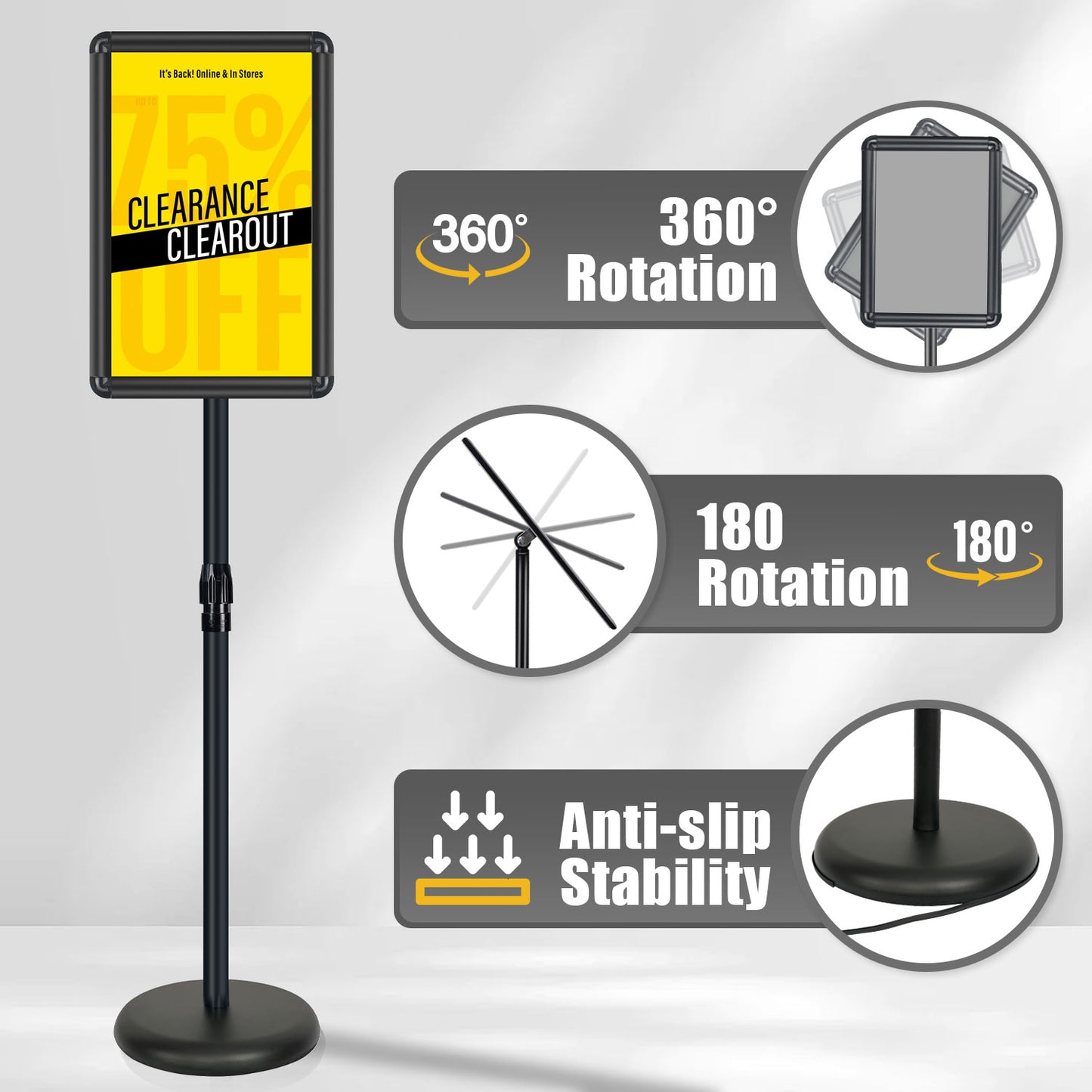 AceShow Adjustable Sign Holder Floor Stand 11x17 inches Iron Pedestal Sign Stand, Vertical and Horizontal View Sign Displayed, Round Corner sign holder for Church School Parties, Black, Round (1 Pack)