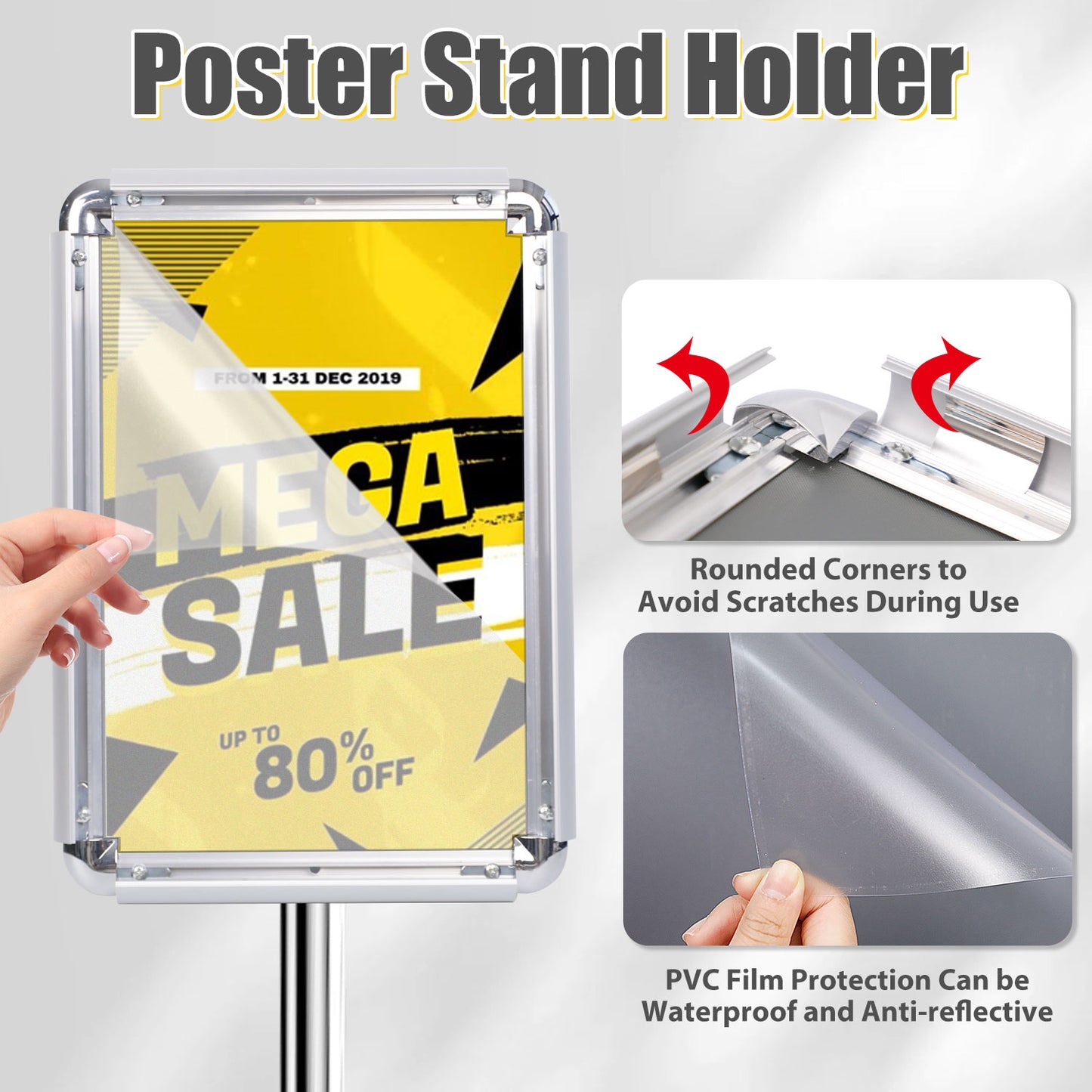 AceShow Adjustable Pedestal Stand Holder, Outdoor Indoor Sign Stand, Floor Display Stand Holder, 11x17 Inch Iron Sign Stand Poster Frame Sign Holder for Vertical and Horizontal View, Silver, Round (1 Pack)