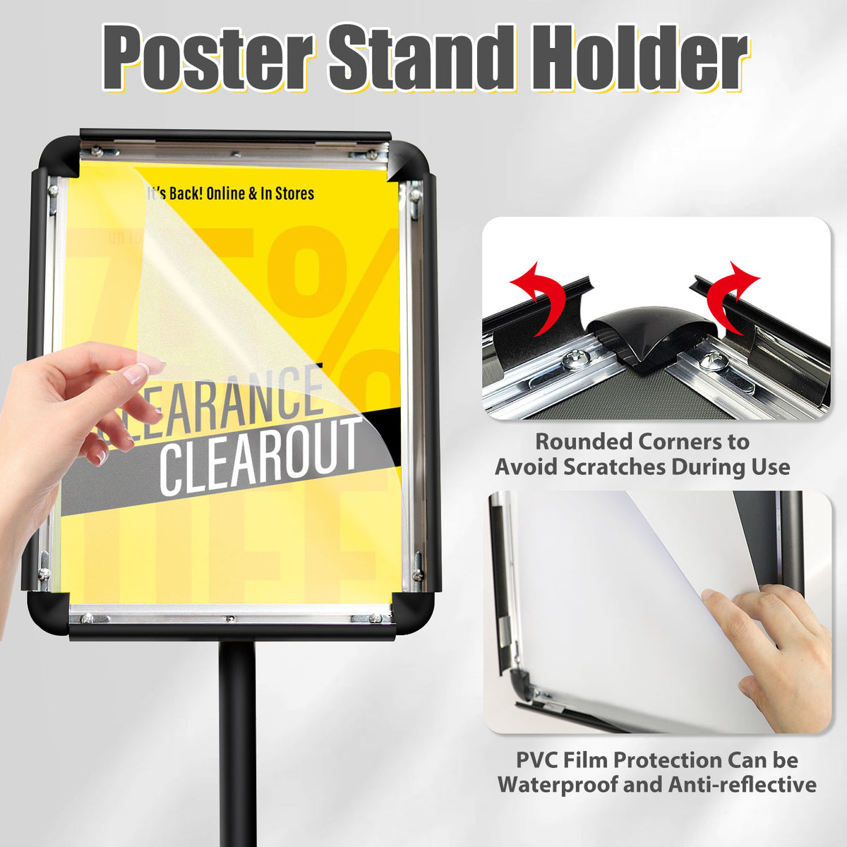 AceShow Adjustable Sign Holder Floor Stand 11x17 inches Iron Pedestal Sign Stand, Vertical and Horizontal View Sign Displayed, Round Corner sign holder for Church School Parties, Black, Round (1 Pack)