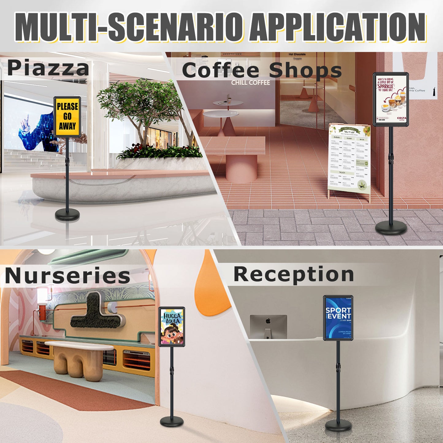 AceShow Adjustable Sign Holder Floor Stand 11x17 inches Iron Pedestal Sign Stand, Vertical and Horizontal View Sign Displayed, Round Corner sign holder for Church School Parties, Black, Round (1 Pack)