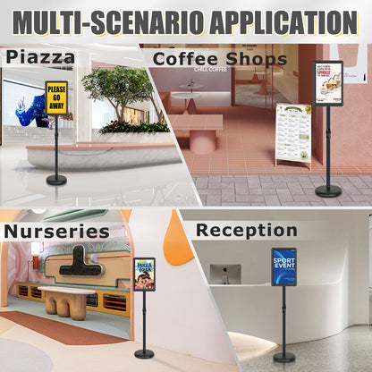 AceShow Adjustable Sign Holder Floor Stand 11x17 inches Iron Pedestal Sign Stand, Vertical and Horizontal View Sign Displayed, Round Corner sign holder for Church School Parties, Black, Round (1 Pack)