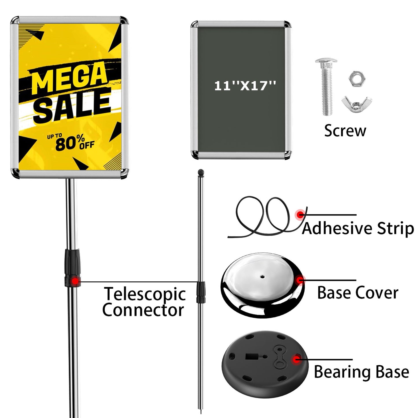 AceShow Adjustable Pedestal Stand Holder, Outdoor Indoor Sign Stand, Floor Display Stand Holder, 11x17 Inch Iron Sign Stand Poster Frame Sign Holder for Vertical and Horizontal View, Silver, Round (1 Pack)