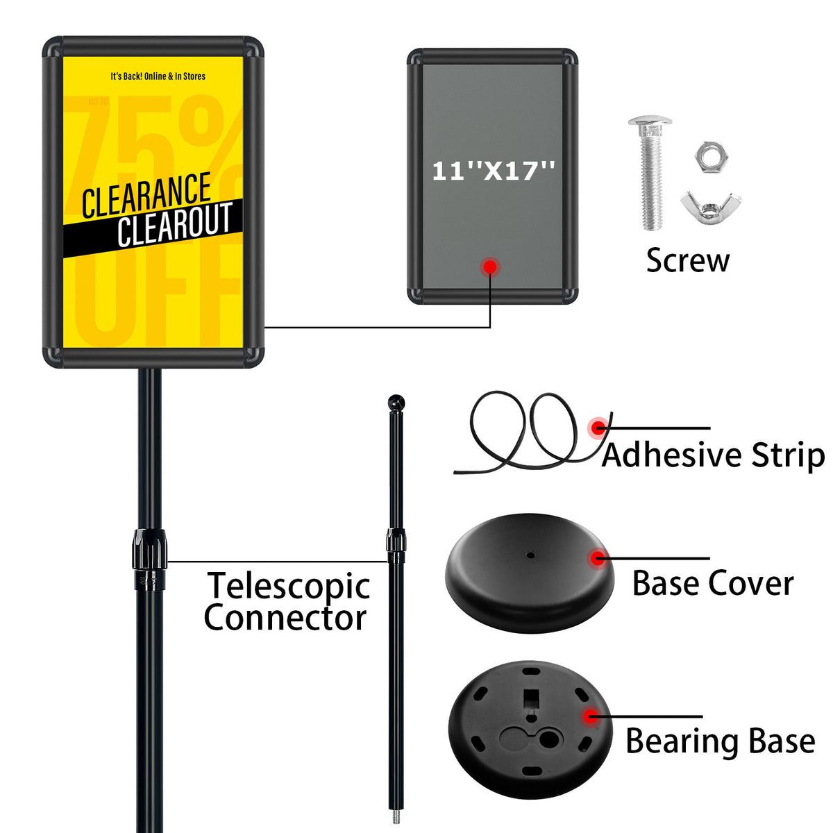AceShow Adjustable Sign Holder Floor Stand 11x17 inches Iron Pedestal Sign Stand, Vertical and Horizontal View Sign Displayed, Round Corner sign holder for Church School Parties, Black, Round (1 Pack)