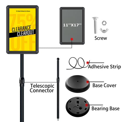 AceShow Adjustable Sign Holder Floor Stand 11x17 inches Iron Pedestal Sign Stand, Vertical and Horizontal View Sign Displayed, Round Corner sign holder for Church School Parties, Black, Round (1 Pack)